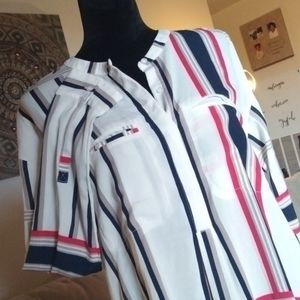 White blouse dress with red white and blue stripes